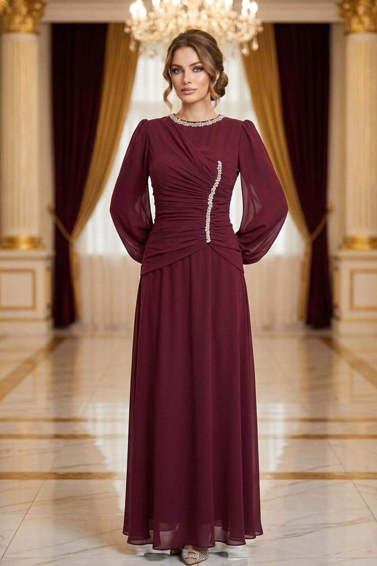 Tesettür VELORA Şifon Abiye BordoLP6386