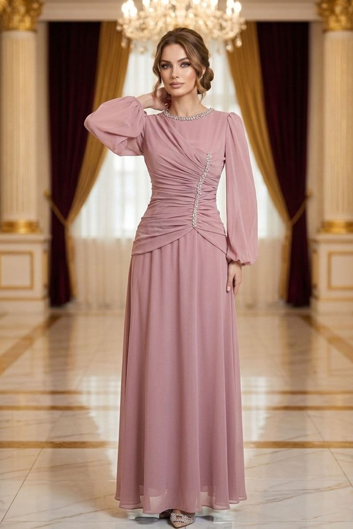 Tesettür VELORA Şifon Abiye PudraLP6386