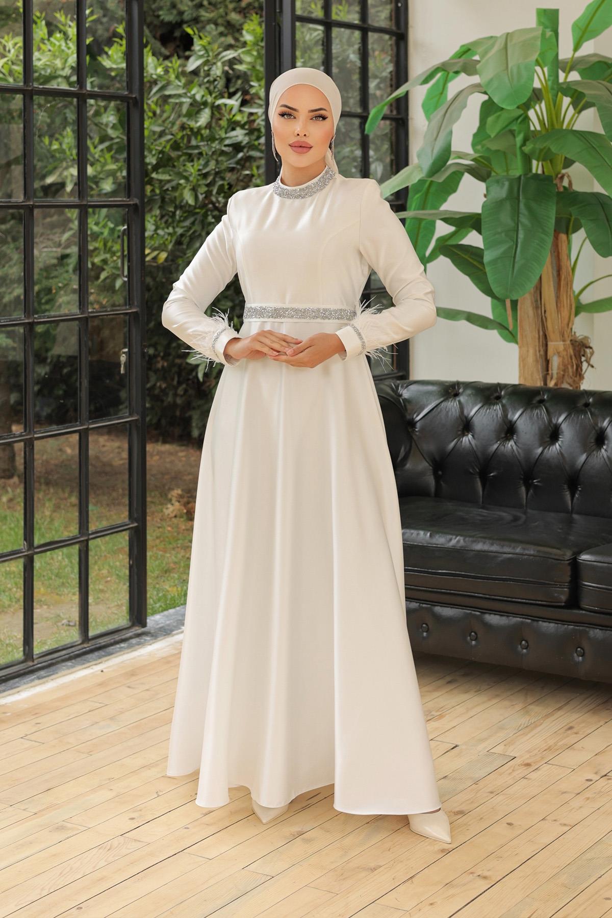 Tesettür Verana Saten Abiye BeyazLP6033-1