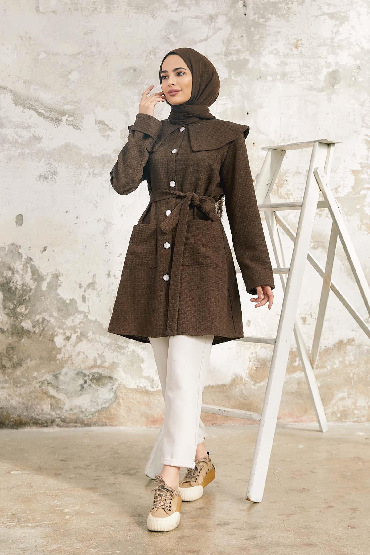 Tesettür Yaka Detaylı Kap kahverengiHM4063