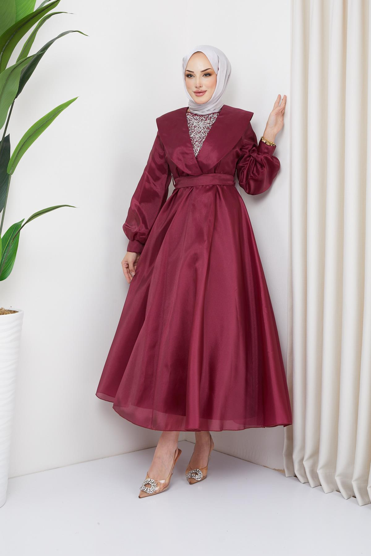 Hijab Collar Detailed, Organza Tulle Evening Dress Claret RedHM4143