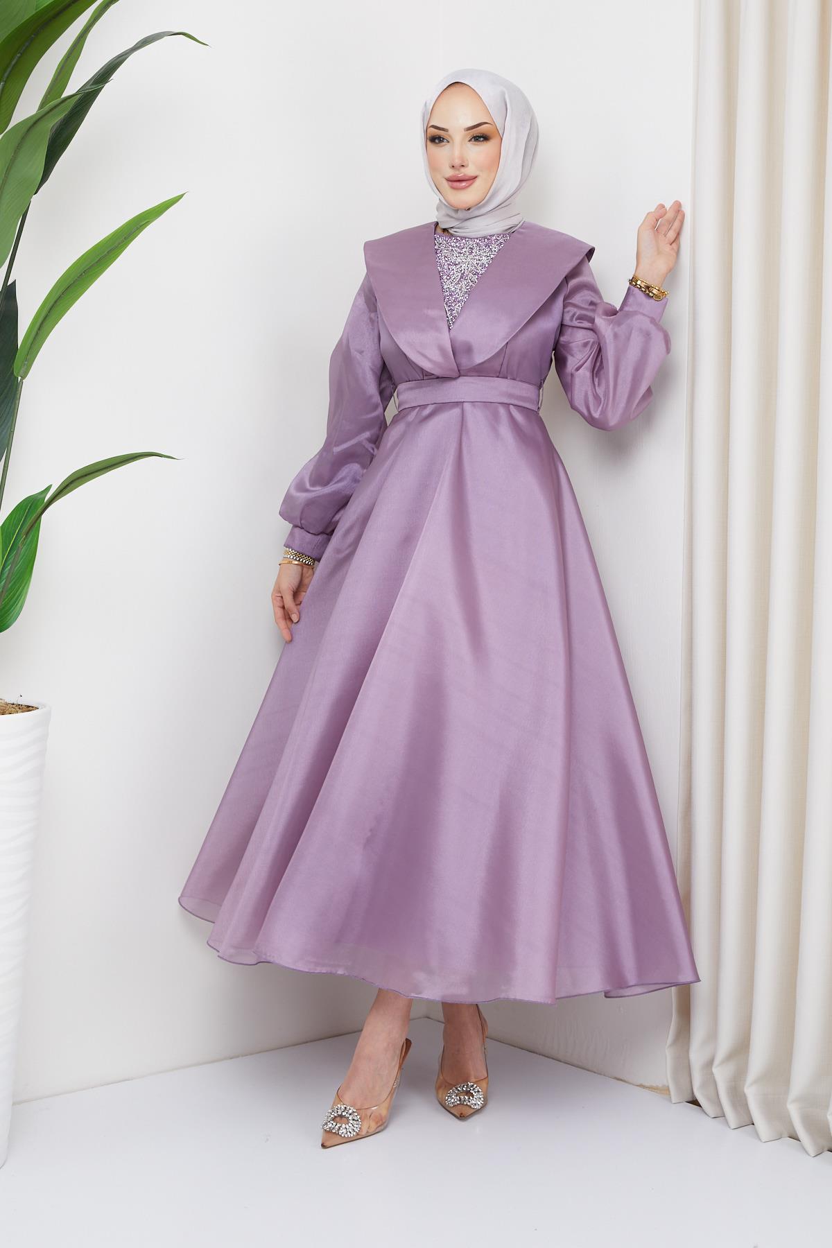 Hijab Collar Detailed, Organza Tulle Evening Dress LilacHM4143
