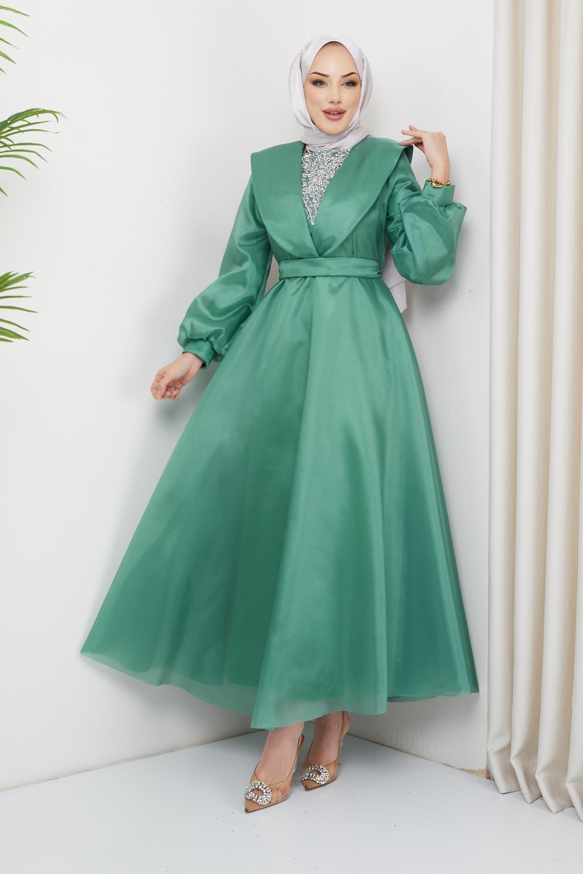 Hijab Yaka Detailed, Organze Tulle Evening Dress Mint GreenHM4143