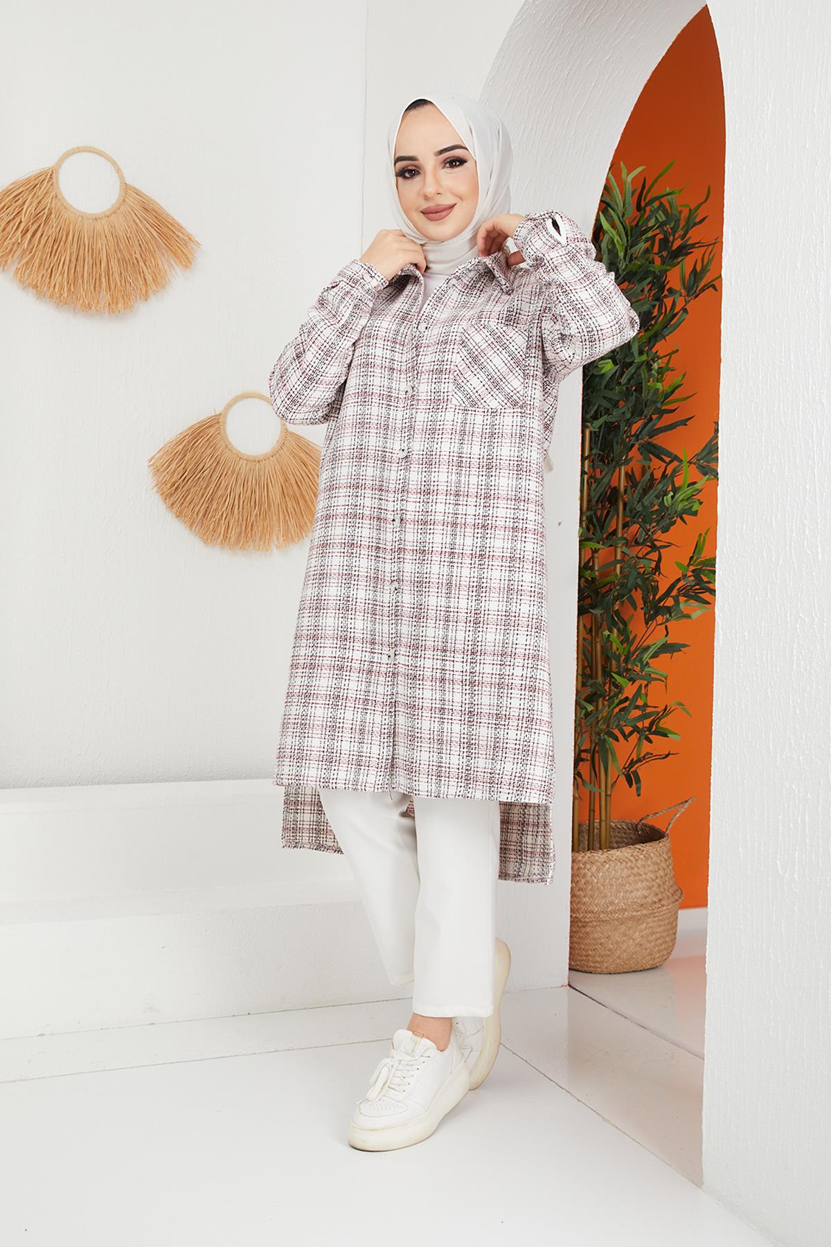 Tesettür Yandan Yırtmaçlı Tunik Ekru-BordoHM4014
