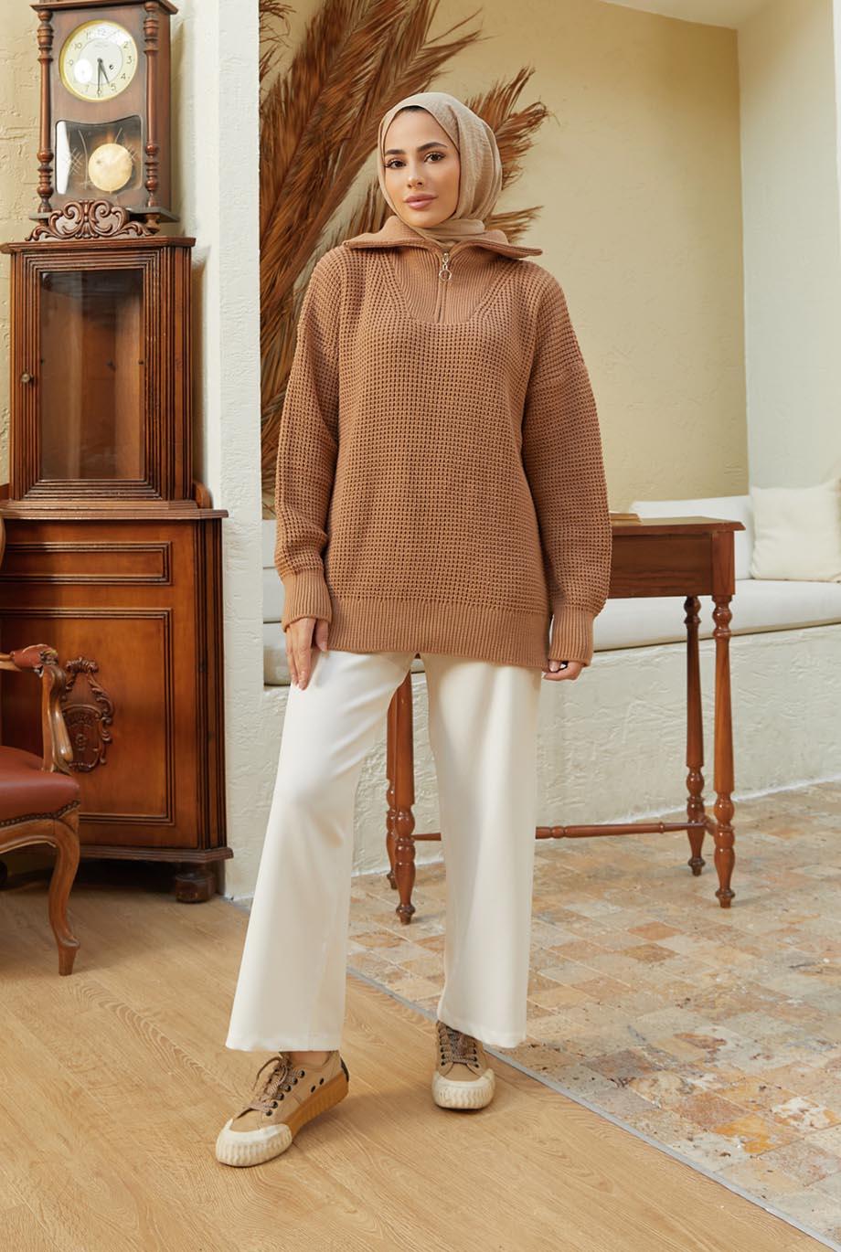 Tesettür Yarım Fermuarlı Kazak CamelHM5001