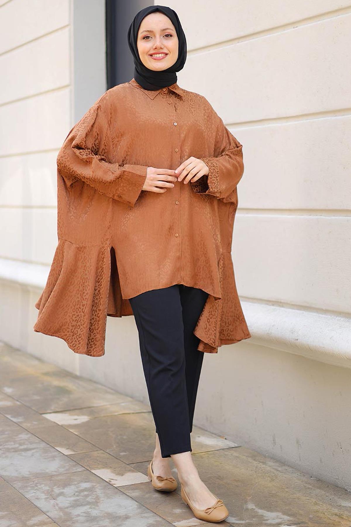 Tesettür Yırtmaçlı Saten Salaş Tunik CamelHM13066