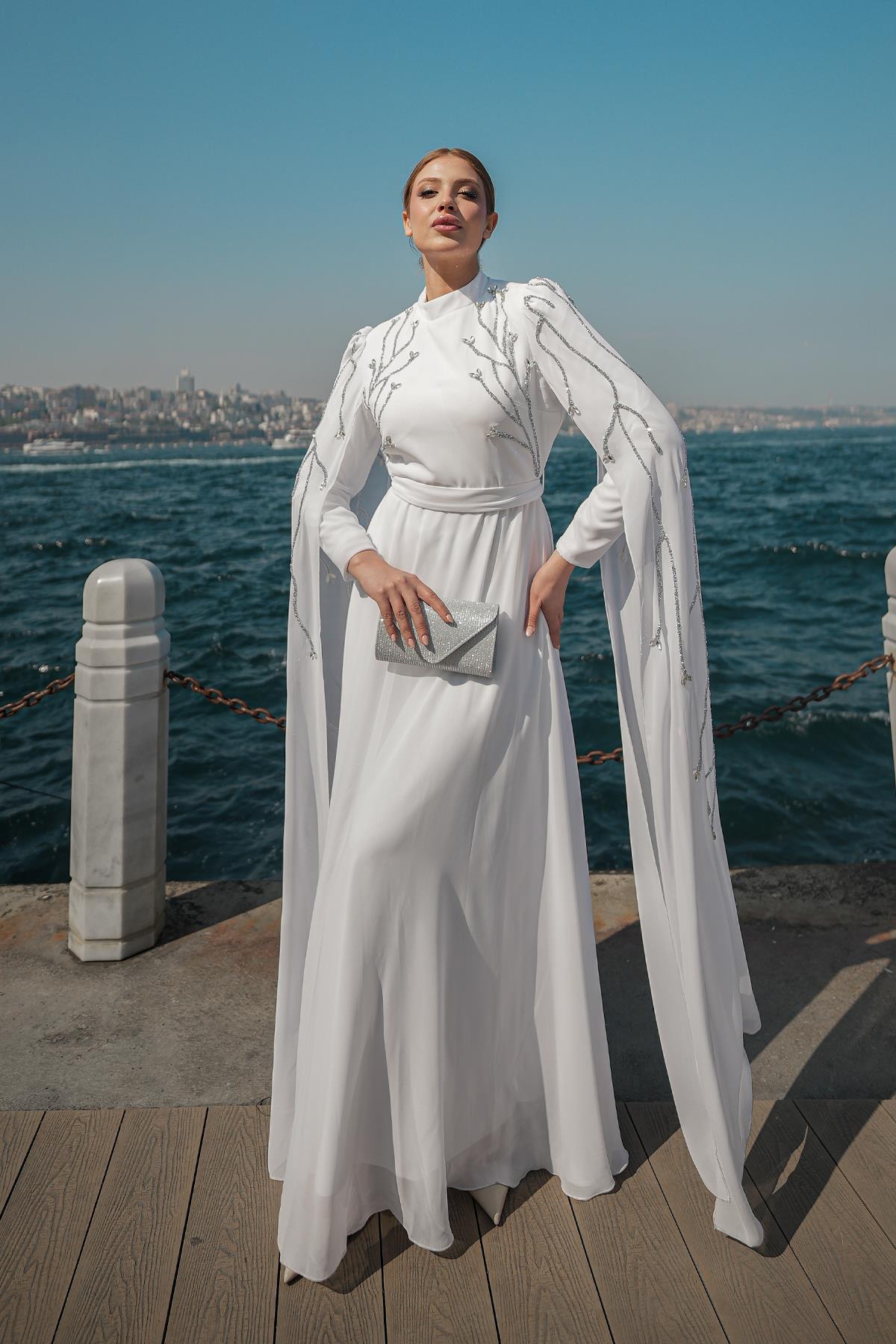 Tesettür Yüsra Şifon Abiye BeyazLP6254