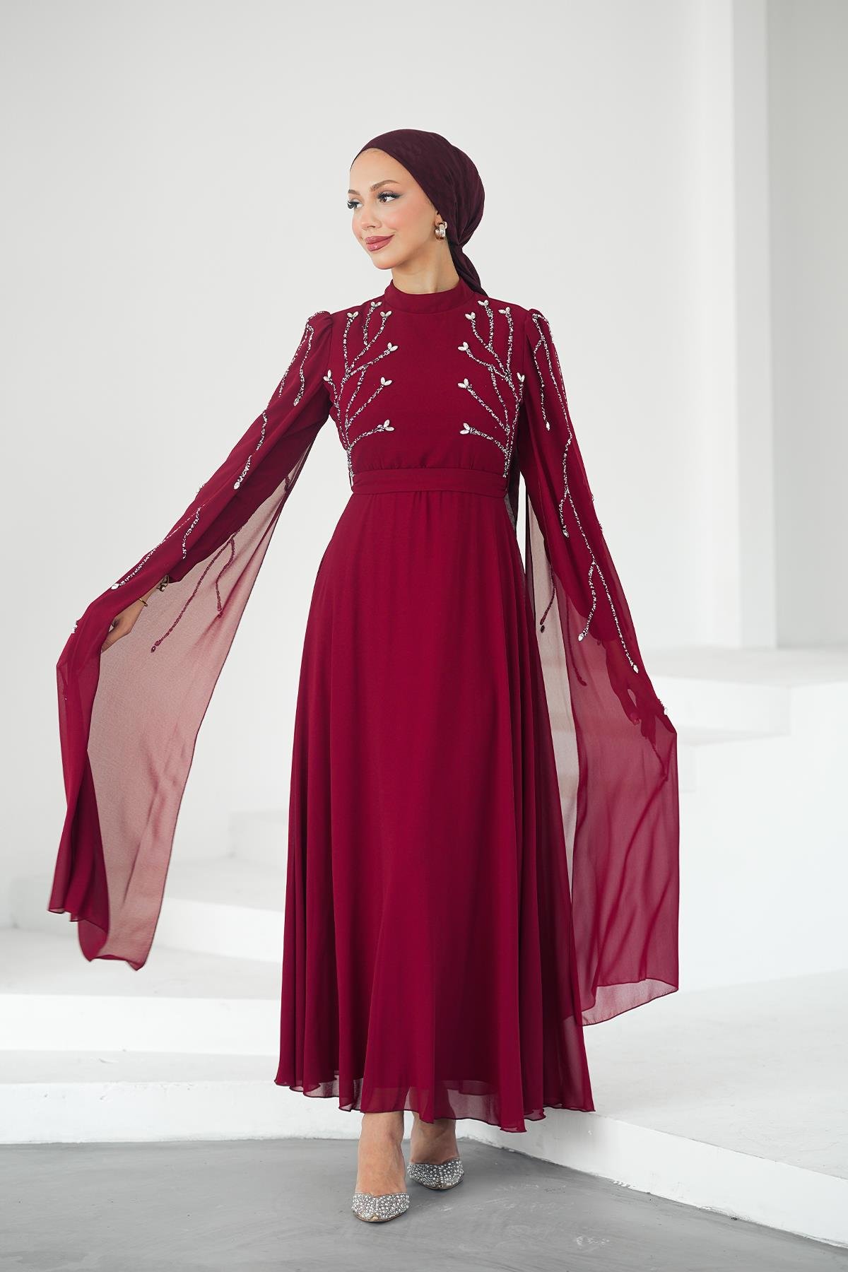 Tesettür Yüsra Şifon Abiye BordoLP6254