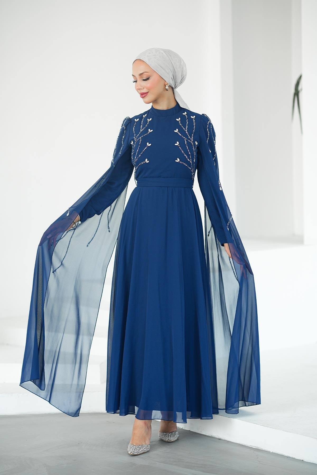 Tesettür Yüsra Şifon Abiye LacivertLP6254