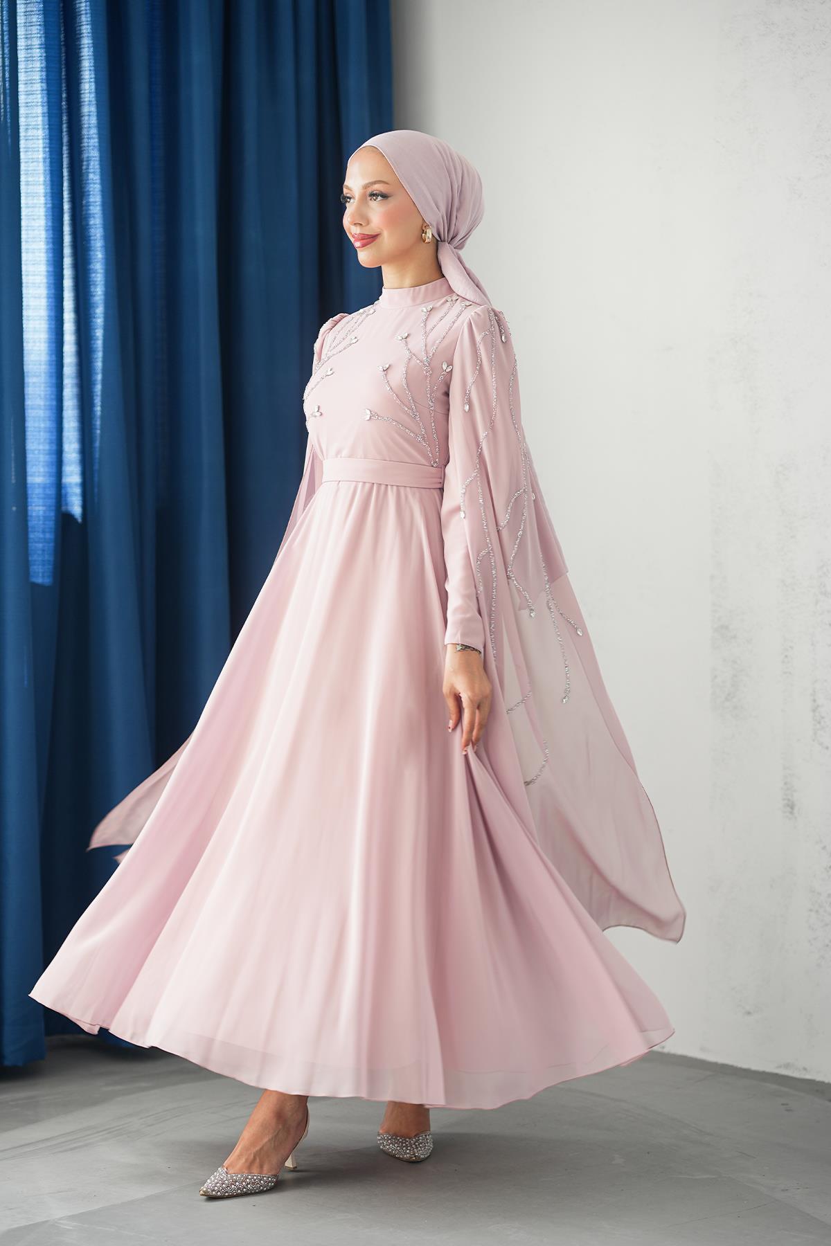 Tesettür Yüsra Şifon Abiye PudraLP6254