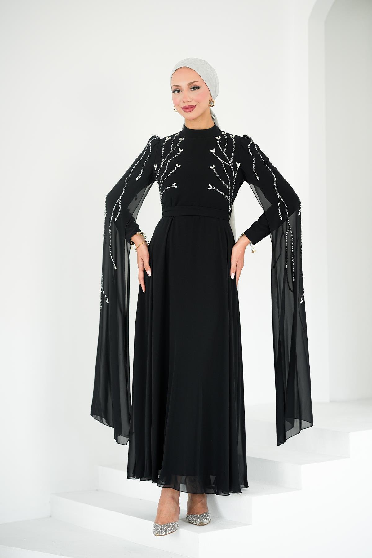 Tesettür Yüsra Şifon Abiye SiyahLP6254