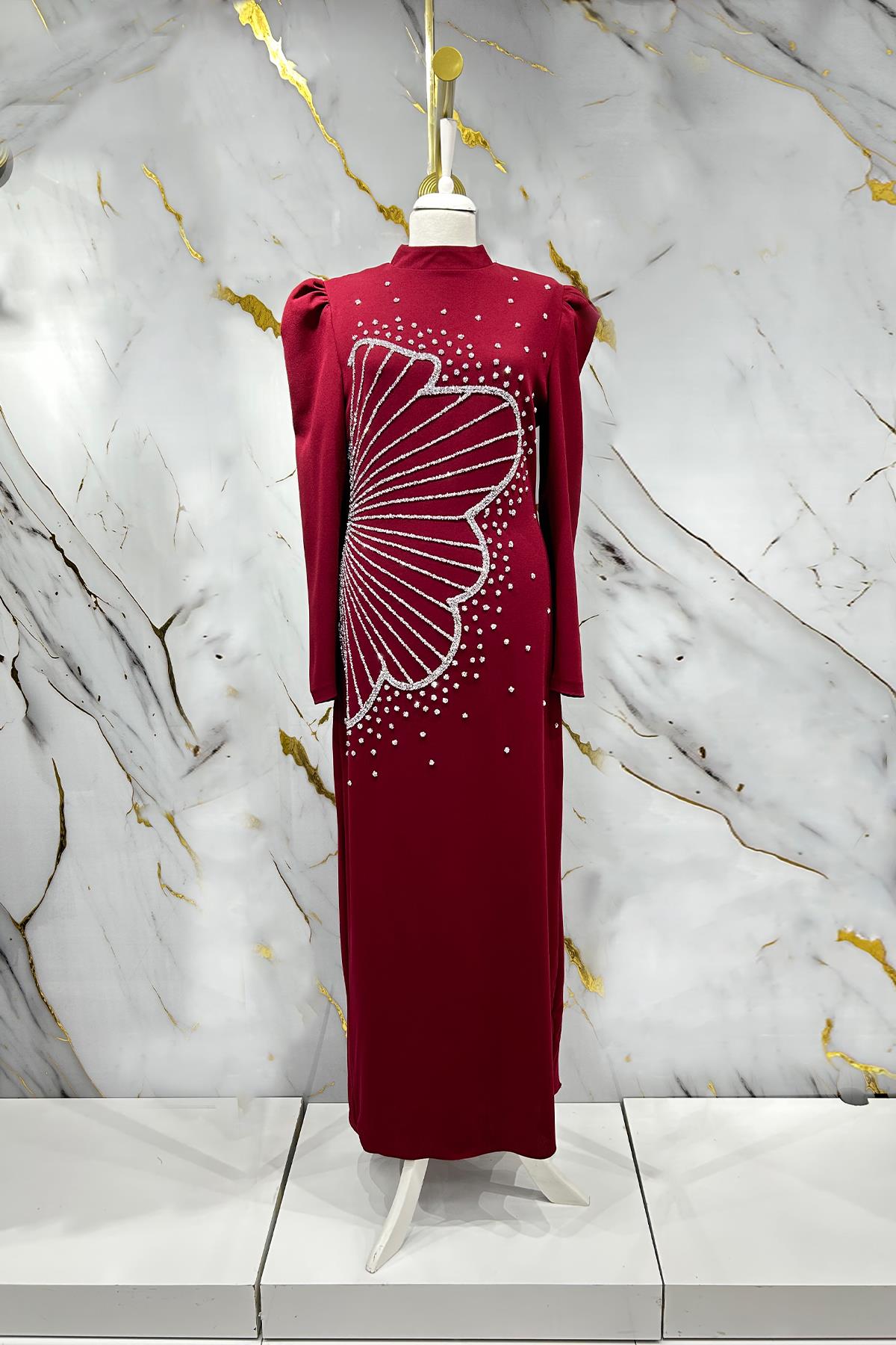 Tesettür Zer Krep Abiye BordoLP6187