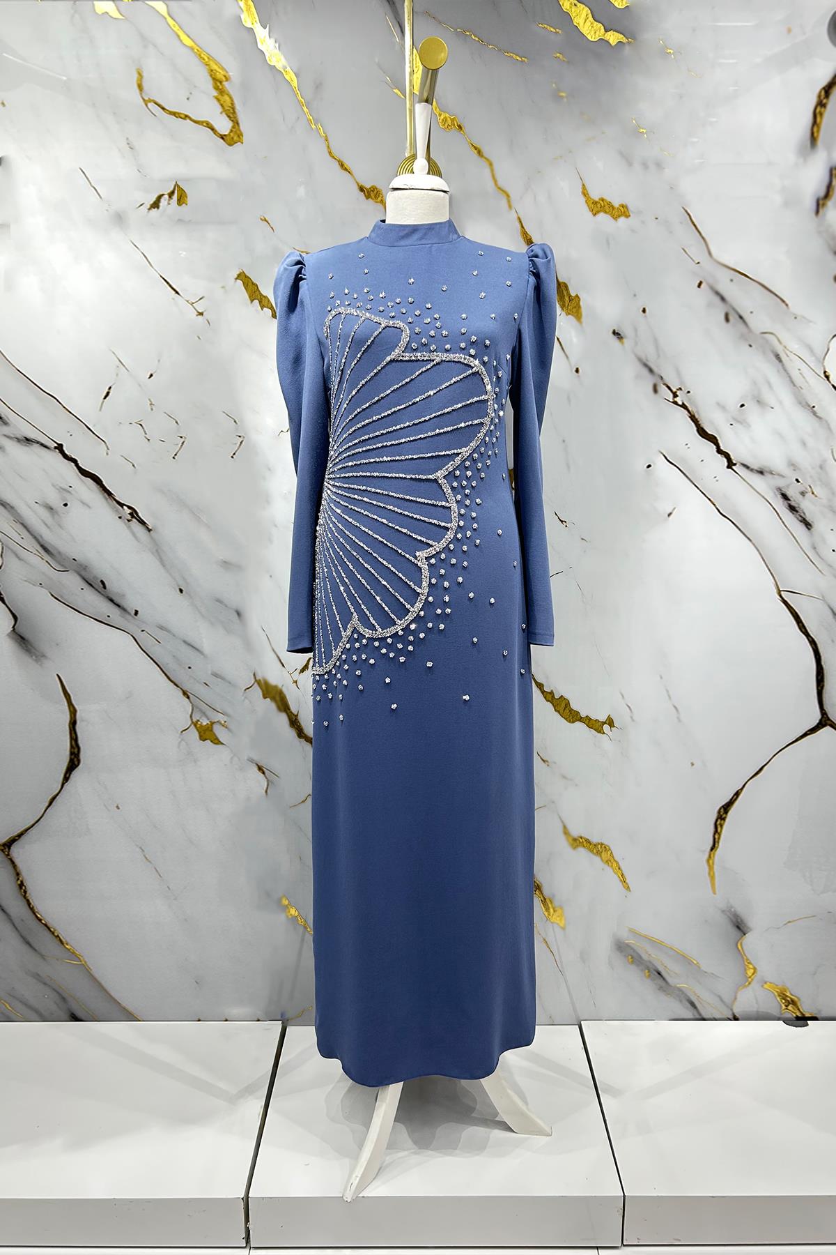 Tesettür Zer Krep Abiye IndigoLP6187