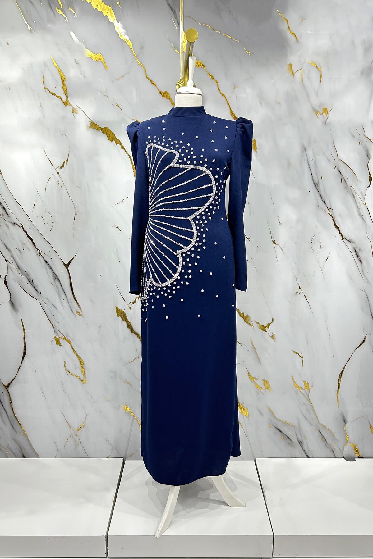 Tesettür Zer Krep Abiye LacivertLP6187