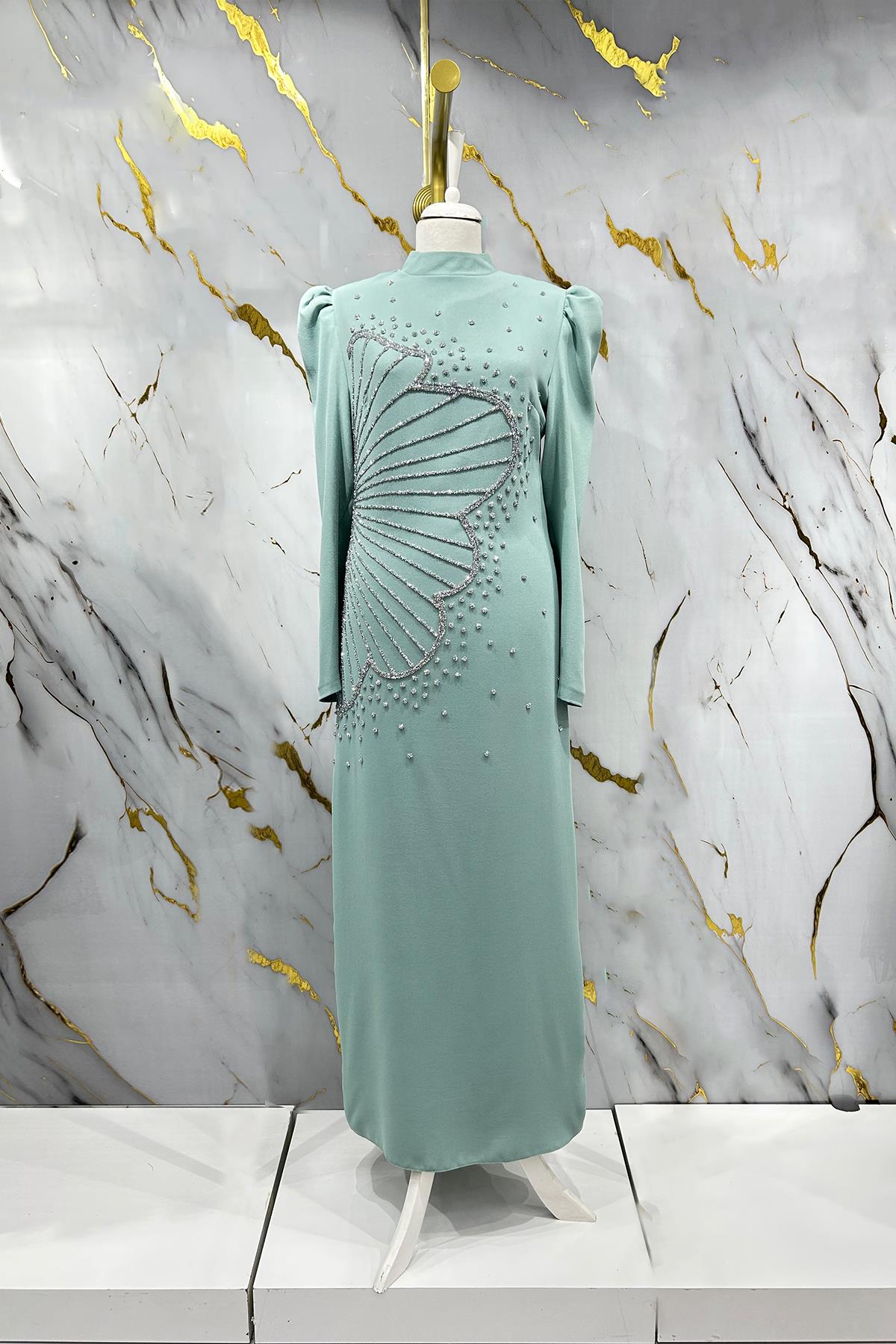 Tesettür Zer Krep Abiye Mint YeşiliLP6187