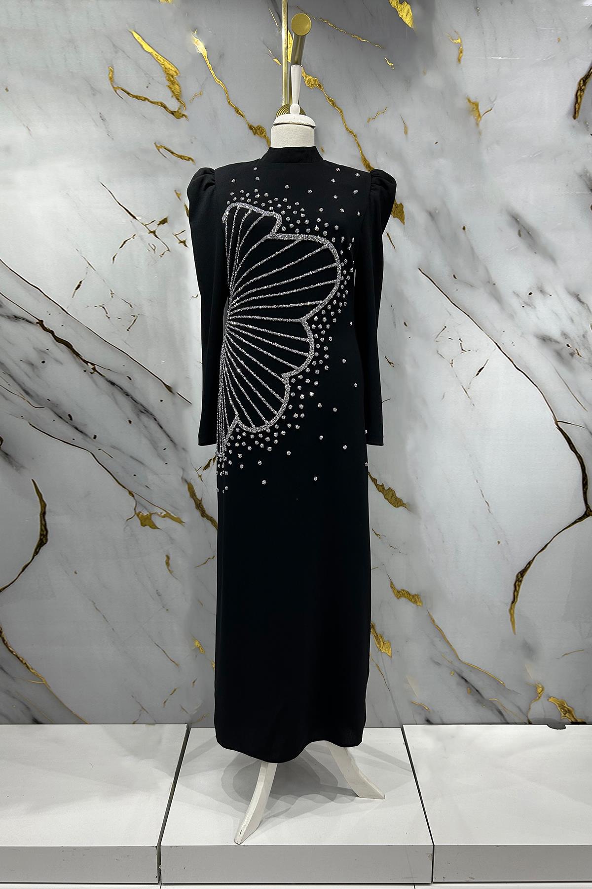 Tesettür Zer Krep Abiye SiyahLP6187