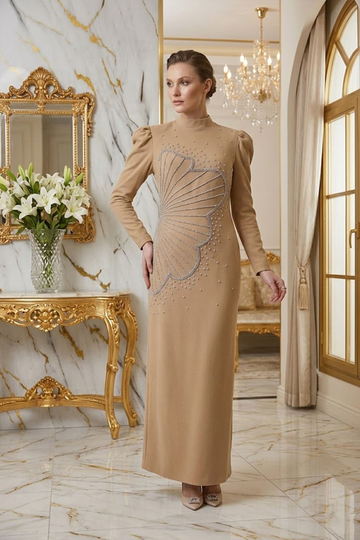 Zer Krep Bej Tesettür AbiyeLP6187