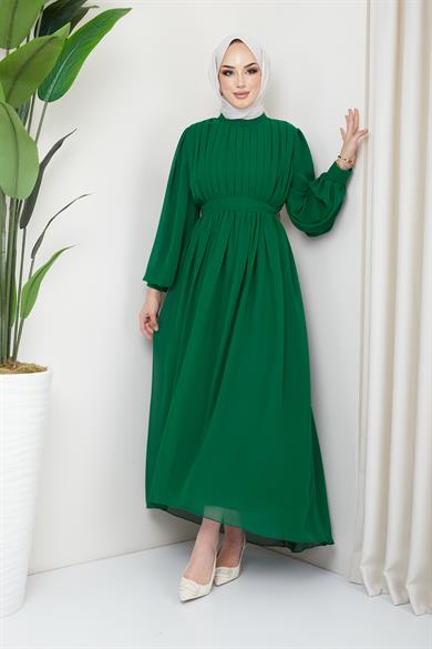 Tesettür Önü Piliseli Şifon Elbise Zümrüt Yeşili