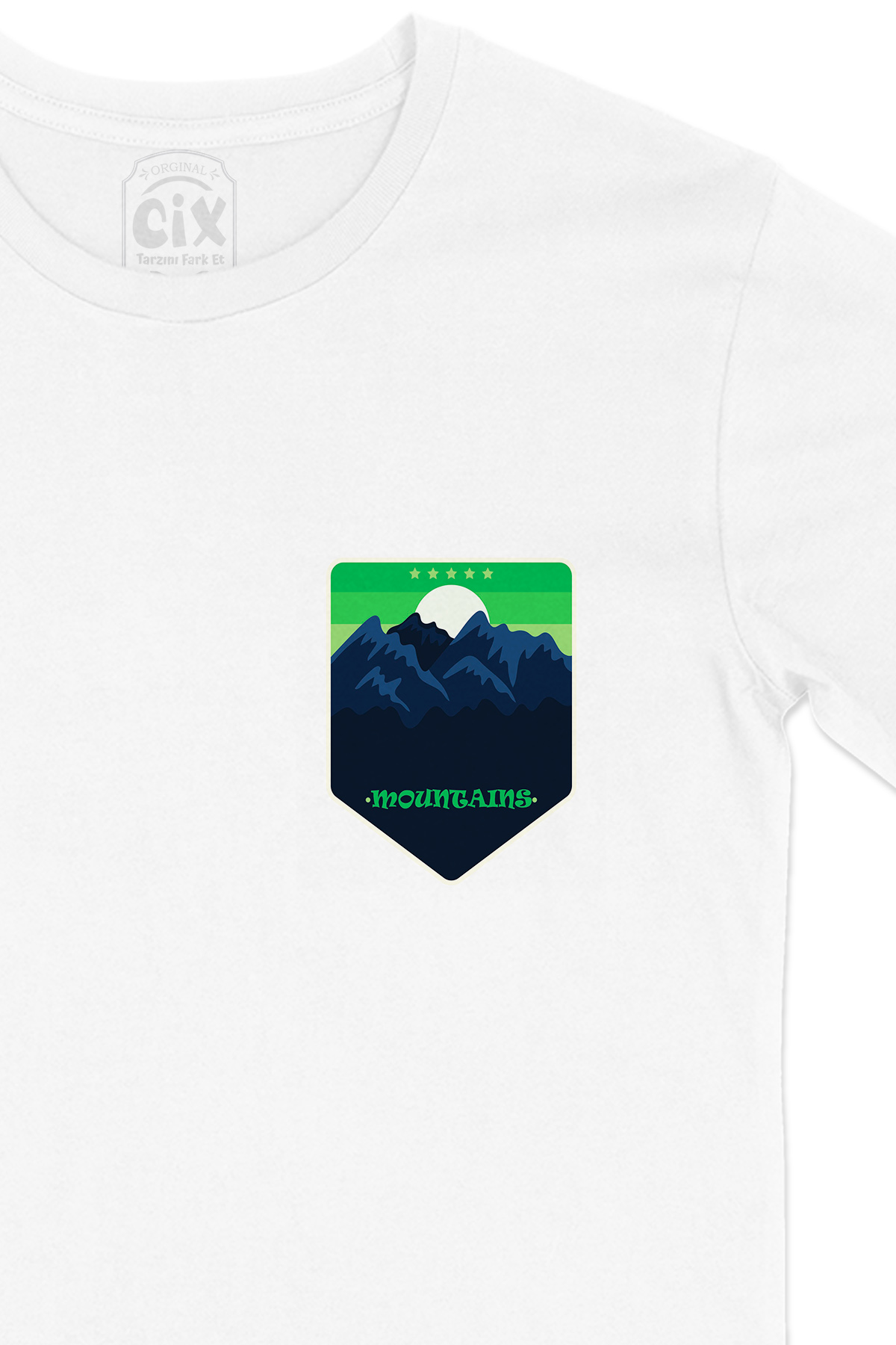 5 Stars Mountains  Cep Logo Tasarımlı Beyaz Tişört