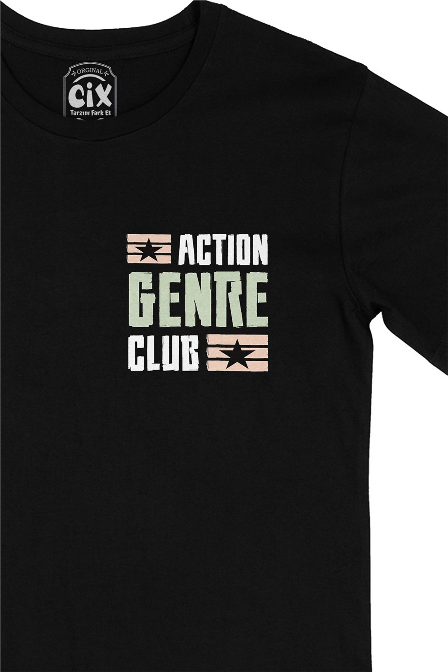 Action Genre Club Cep Logo Tasarımlı Siyah Tişört