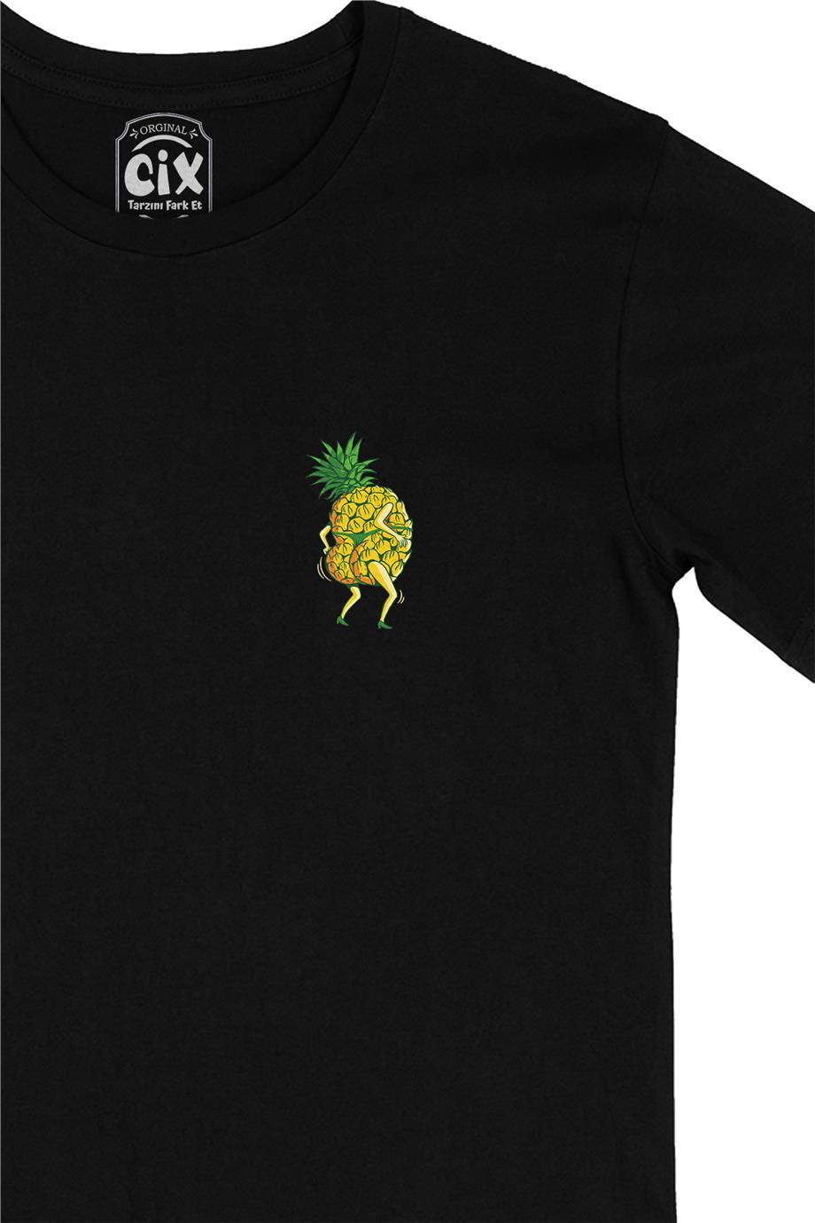 Ananas Girl Cep Tasarım Baskılı Siyah Tişört