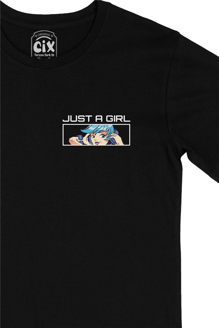 Anime Just A Girl Cep Tasarım Baskılı Siyah Tişört
