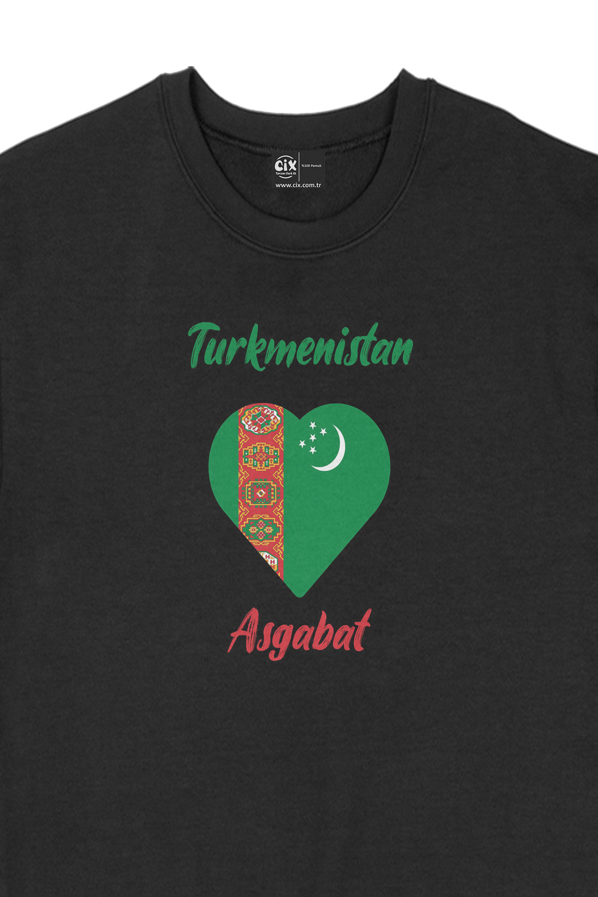 Aşkabat Türkmenistan Bayraklı Kalpli Siyah Sweatshirt