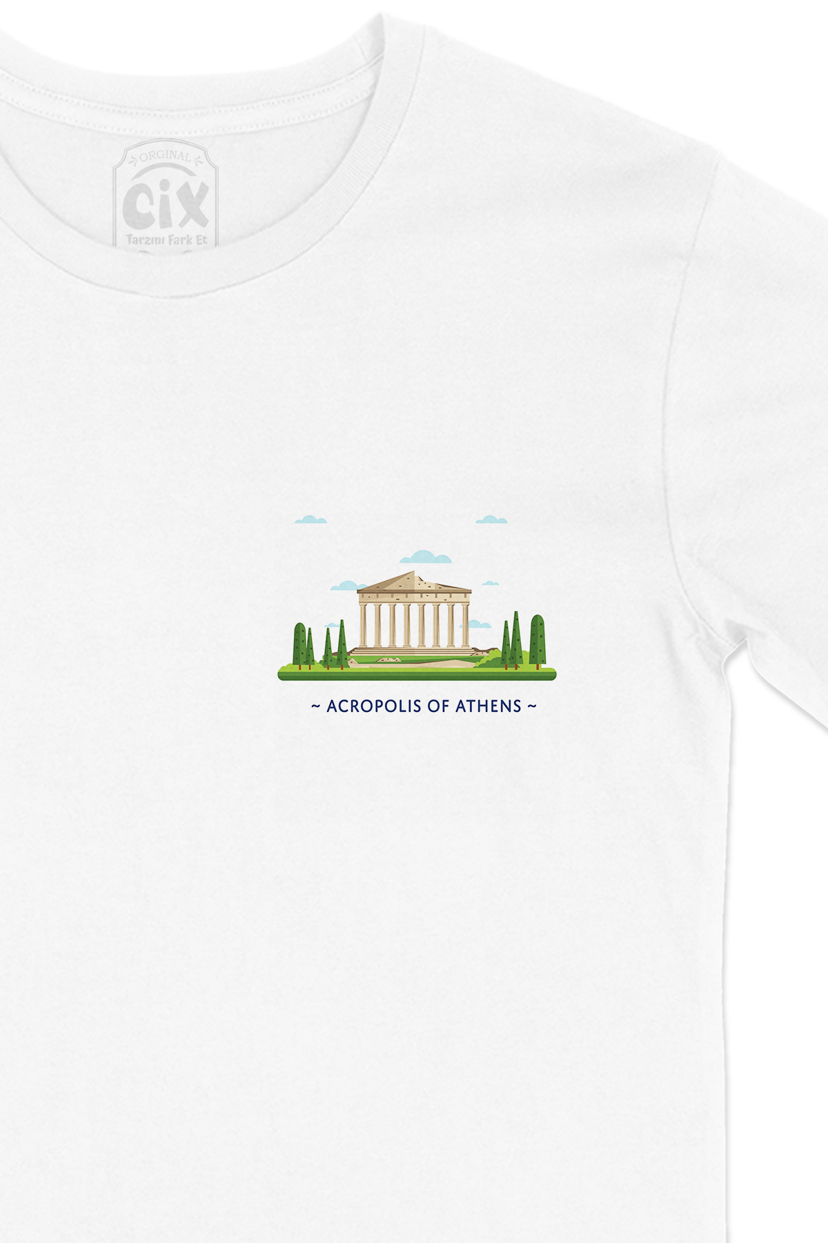 Atina Akropolis  Cep Logo Tasarımlı Beyaz Tişört