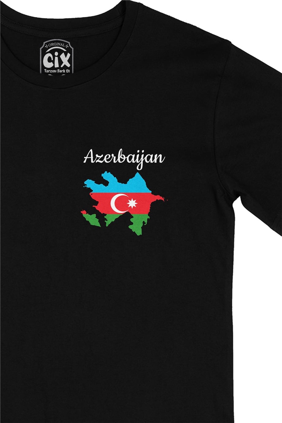 Azerbaycan Haritalı ve Bayraklı Cep Logo Tasarımlı Siyah Tişört
