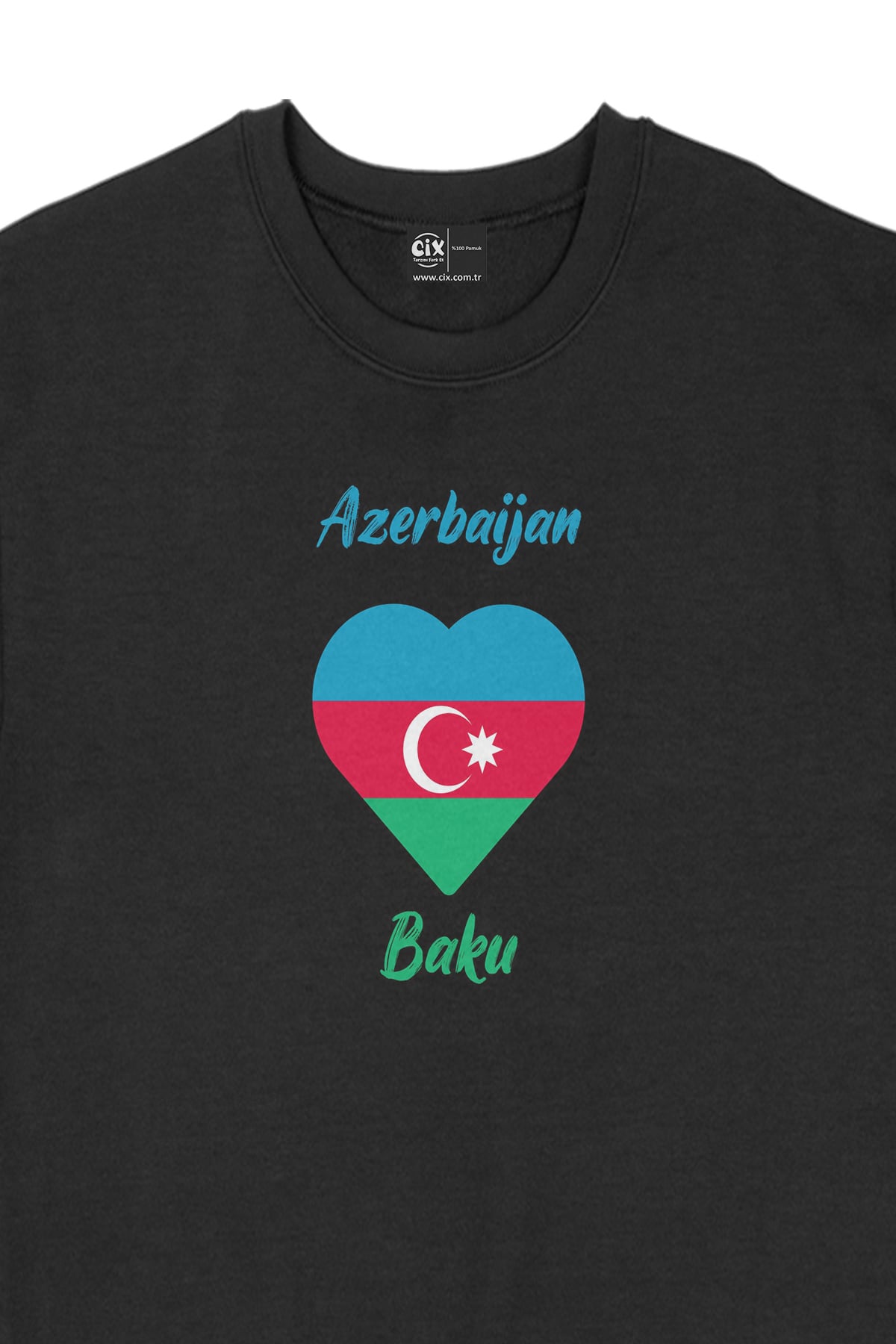 Bakü Azerbaycan Bayraklı Kalpli Siyah Sweatshirt