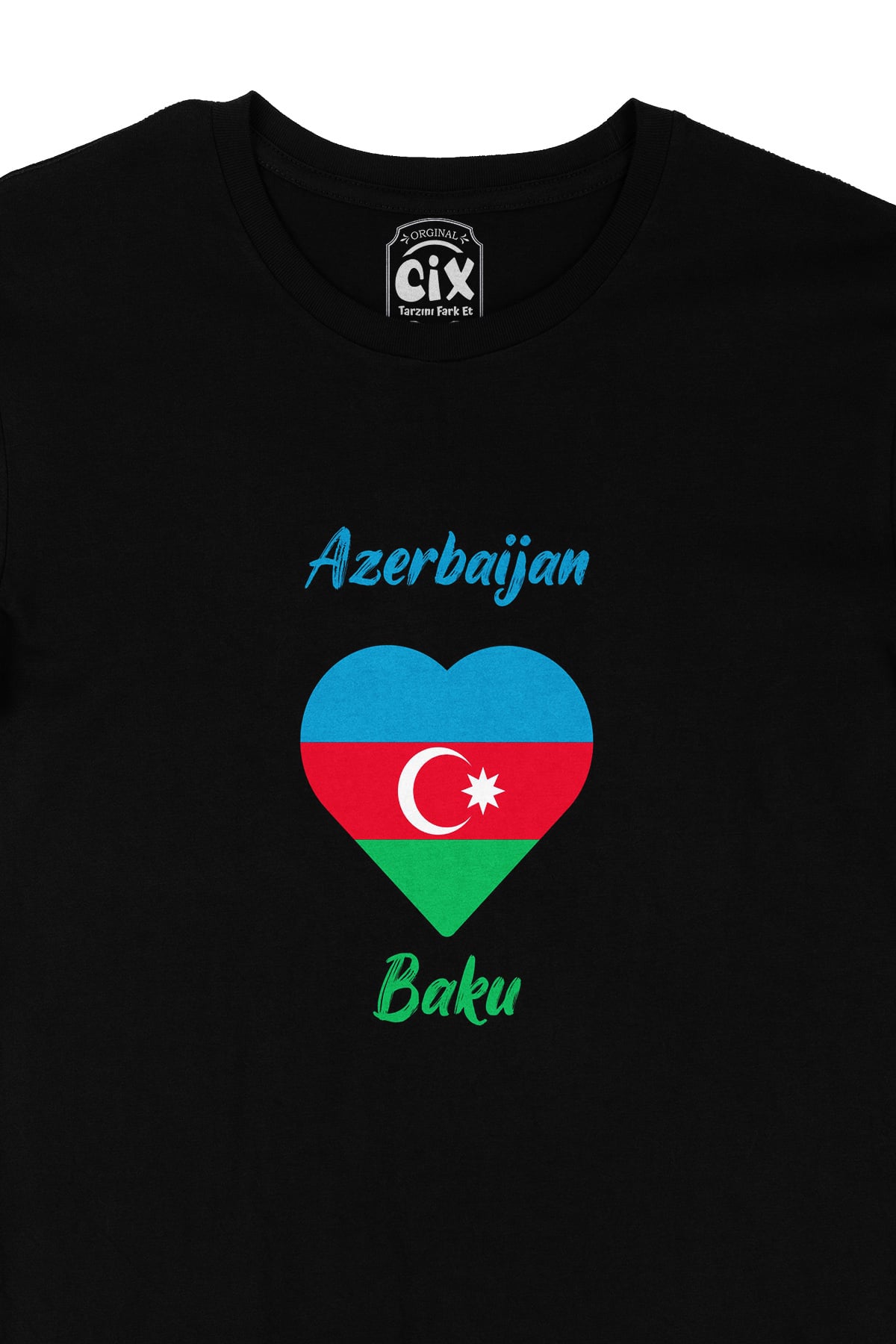 Bakü Azerbaycan Bayraklı Kalpli Siyah Tişört