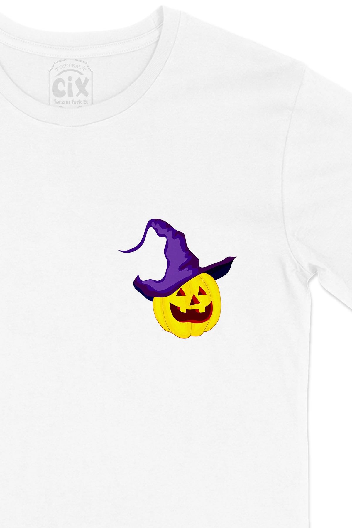 Bal Kabağı Hallowen Cep Logo Tasarımlı Beyaz Tişört