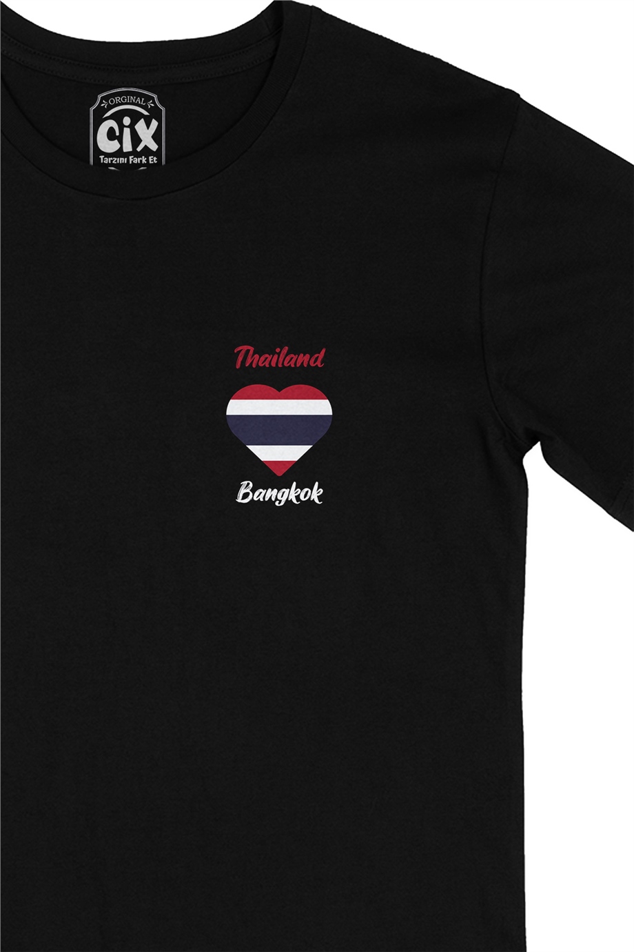 Bangkok Tayland Bayraklı Kalpli Cep Logo Tasarımlı Siyah Tişört