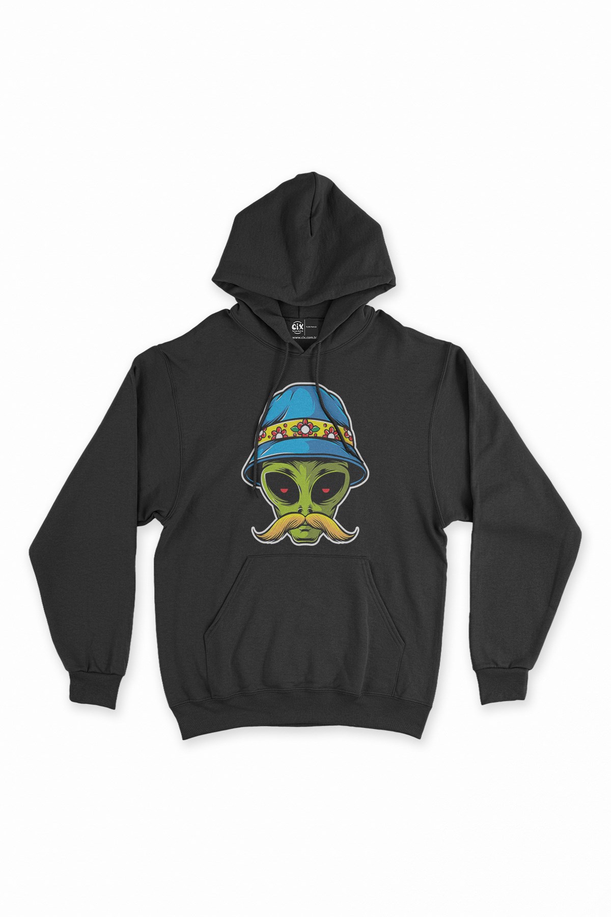 Bıyıklı Alien Siyah Kapşonlu Sweatshirt Hoodie