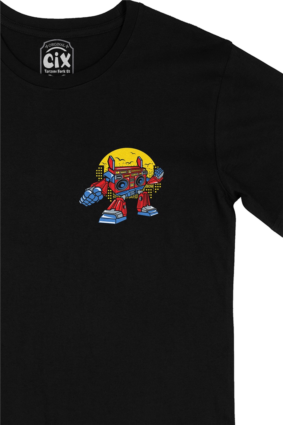 Boom Box Robotlu Cep Logo Tasarımlı Siyah Tişört