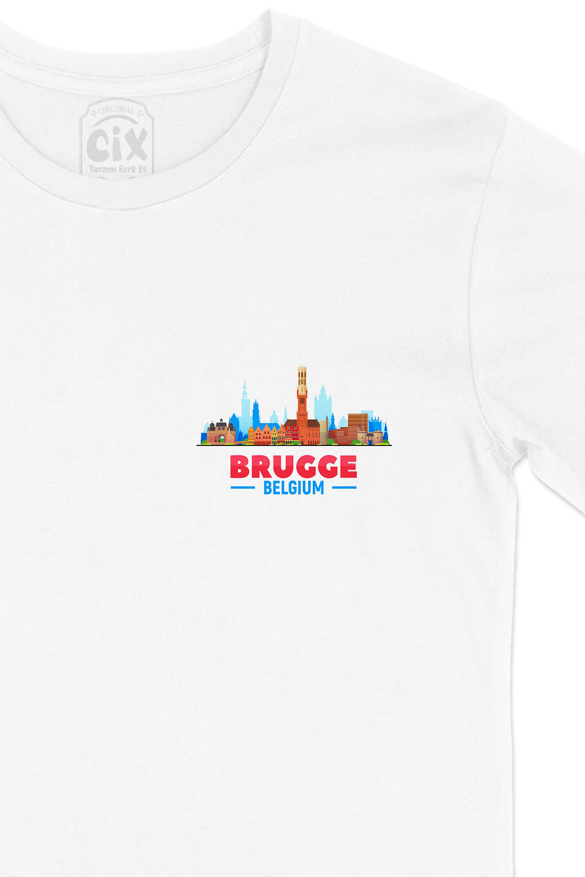 Brugge Belçika Manzaralı Cep Logo Tasarımlı Beyaz Tişört