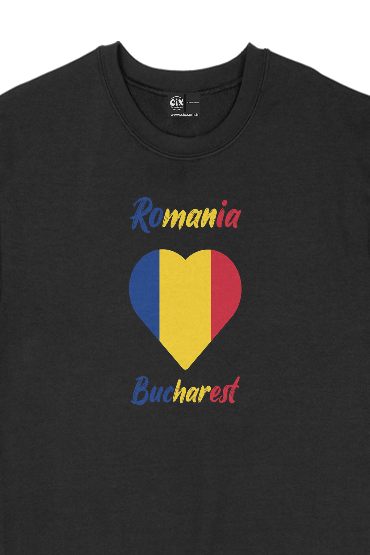 Bükreş Romanya Bayraklı Kalpli Siyah Sweatshirt