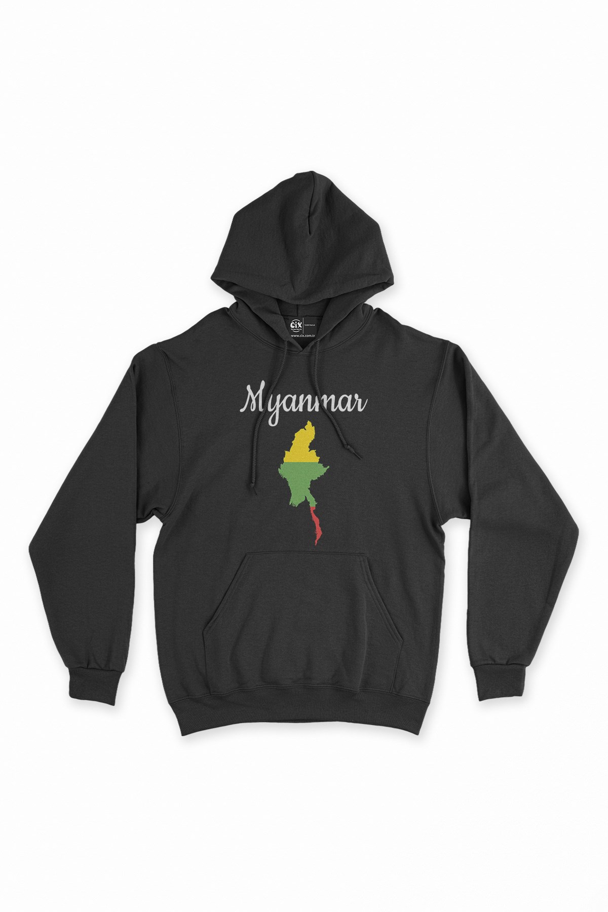 Burma Haritalı ve Bayraklı Siyah Kapşonlu Sweatshirt Hoodie