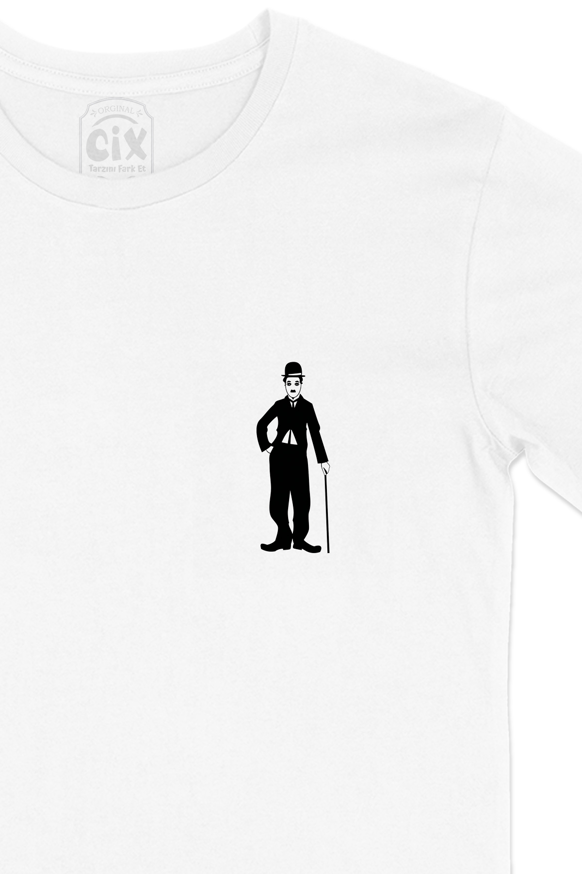 Charlie Chaplin Bastonlu Cep Logo Tasarımlı Beyaz Tişört