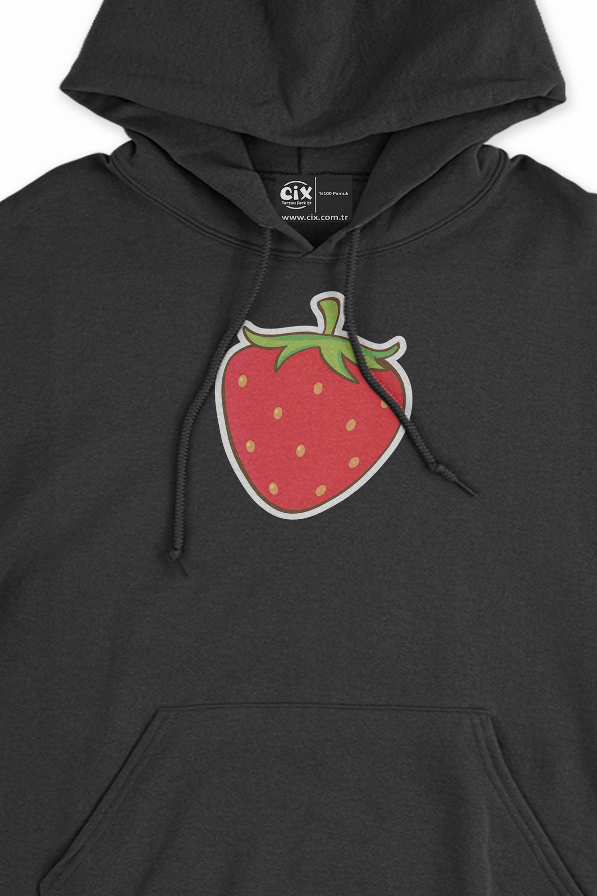 Çilekli Tasarım Siyah Sweatshirt Hoodie