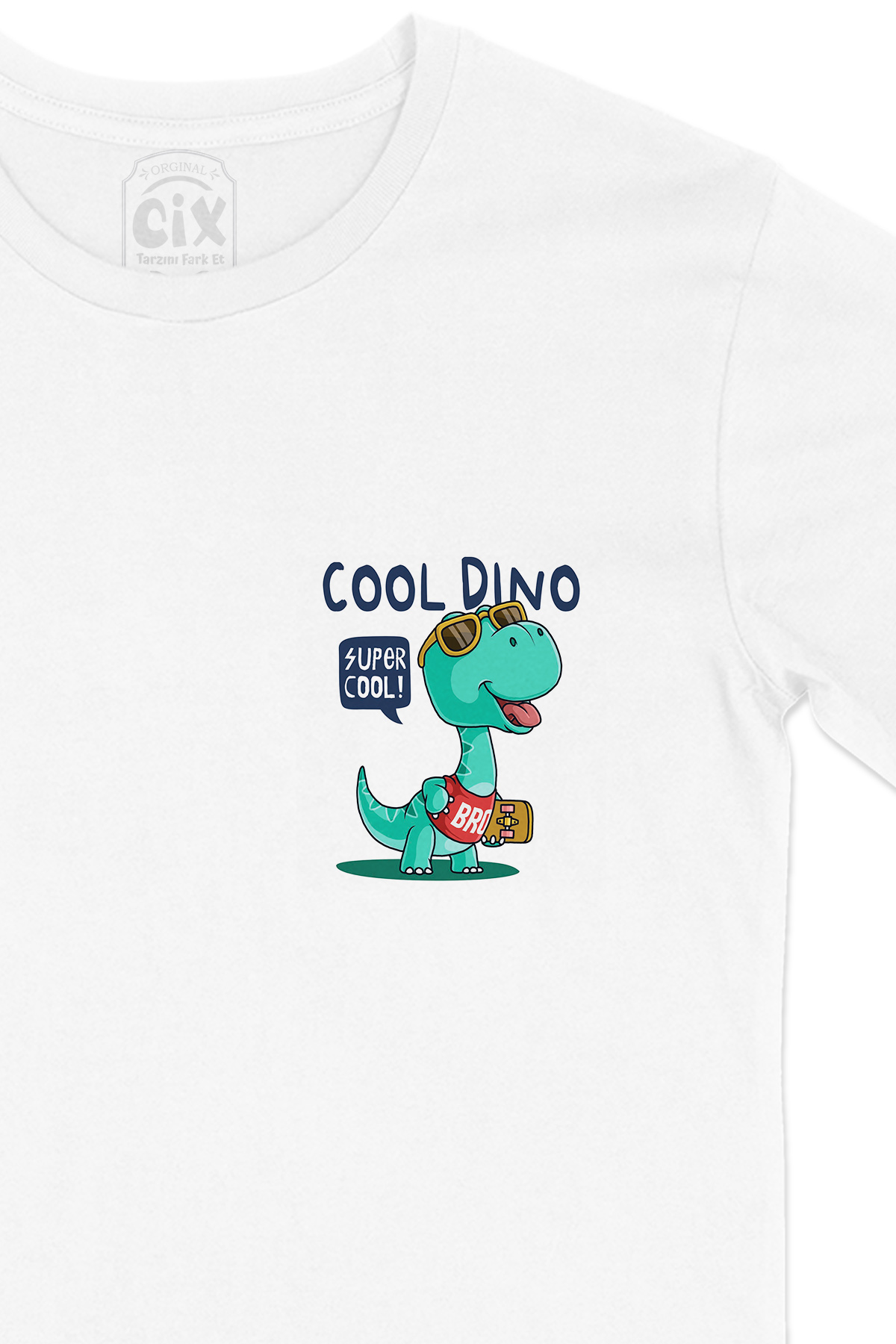 Cool Dinozorlu Cep Logo Tasarımlı Beyaz Tişört