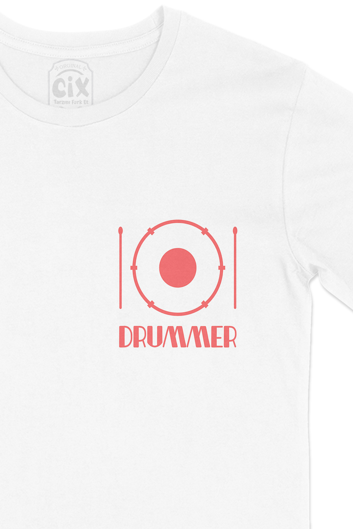 Drummer Cep Logo Tasarımlı Beyaz Tişört