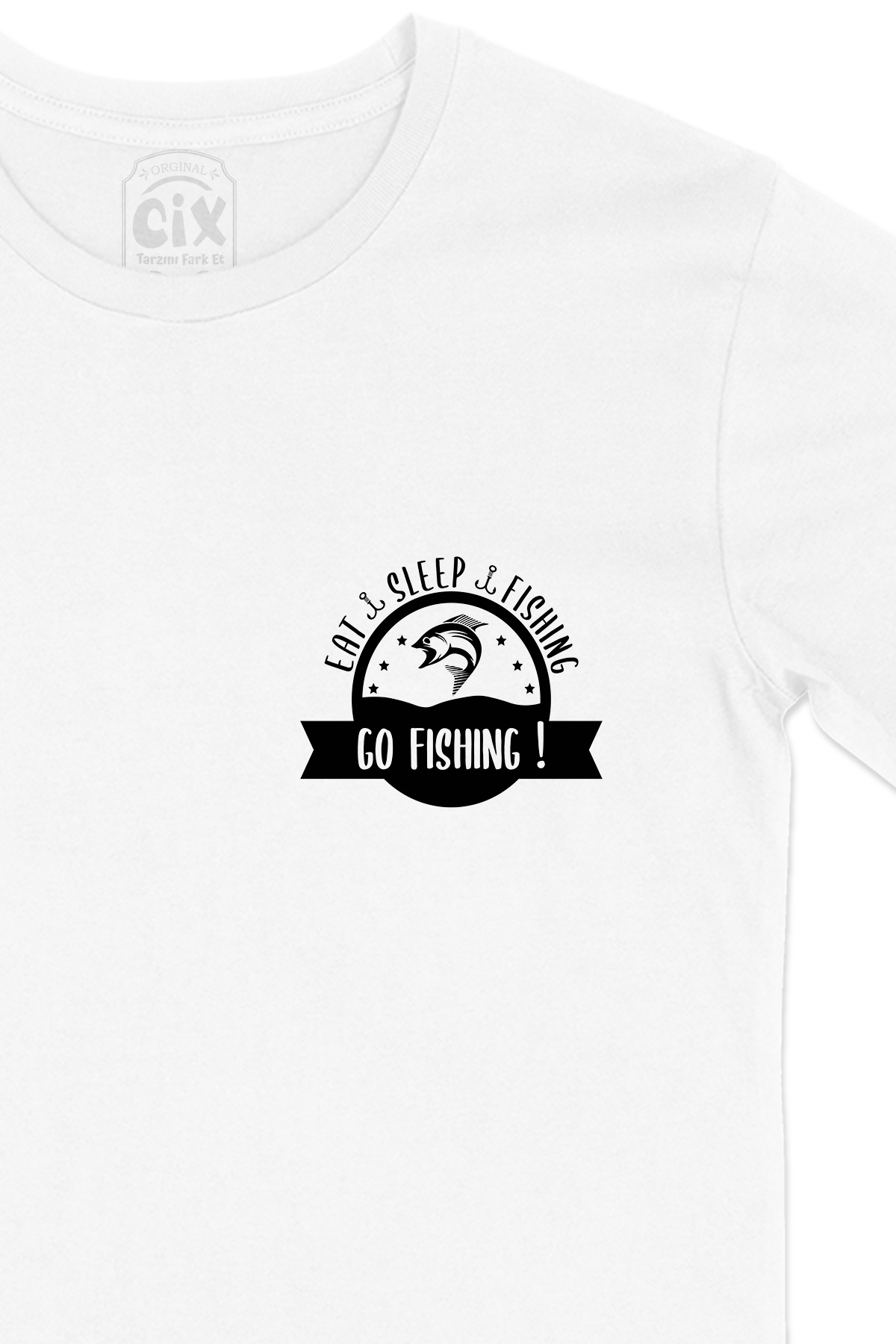 Eat Sleep Fishing Cep Logo Tasarımlı Beyaz Tişört
