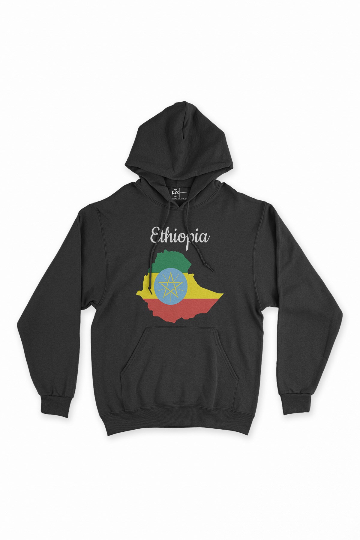 Etiyopya Haritalı ve Bayraklı Siyah Kapşonlu Sweatshirt Hoodie