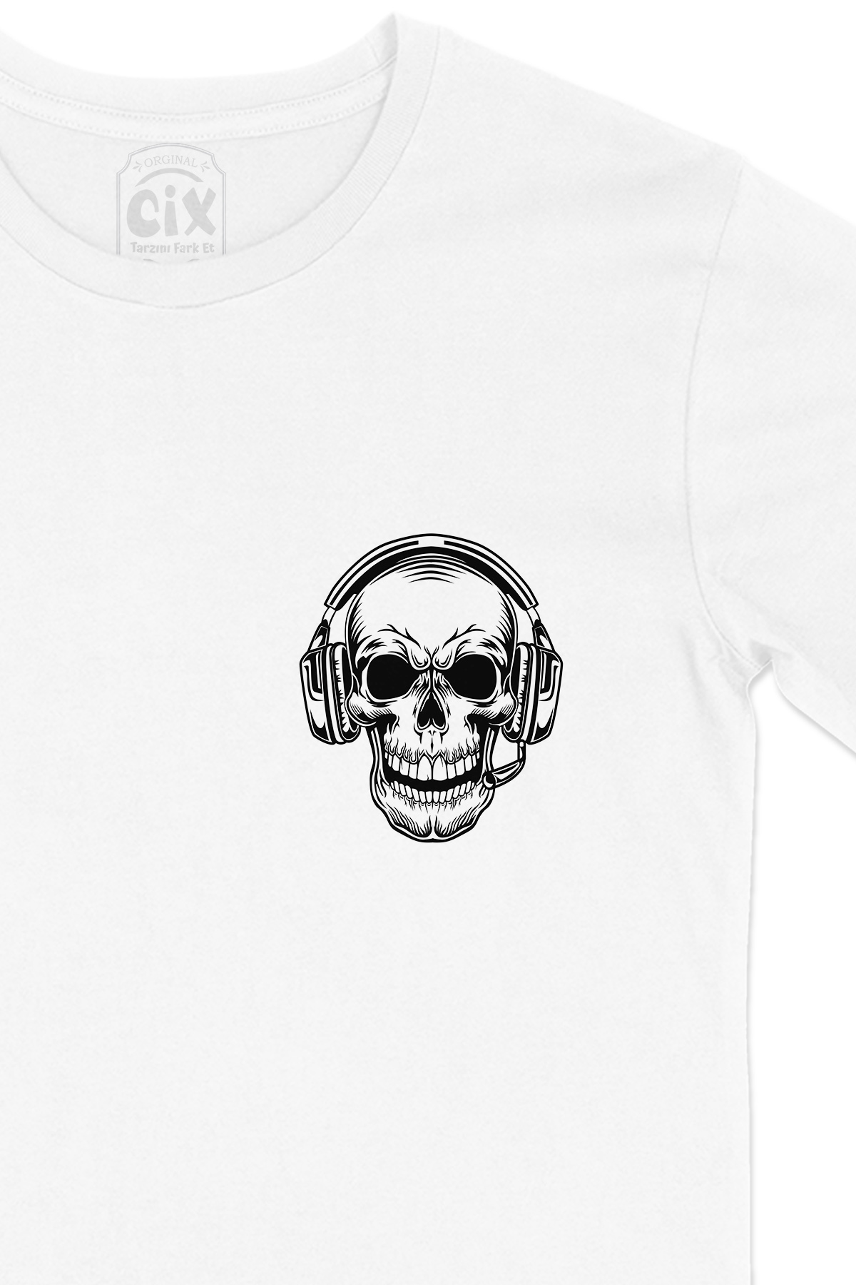 Gamer Skull Cep Logo Tasarımlı Beyaz Tişört