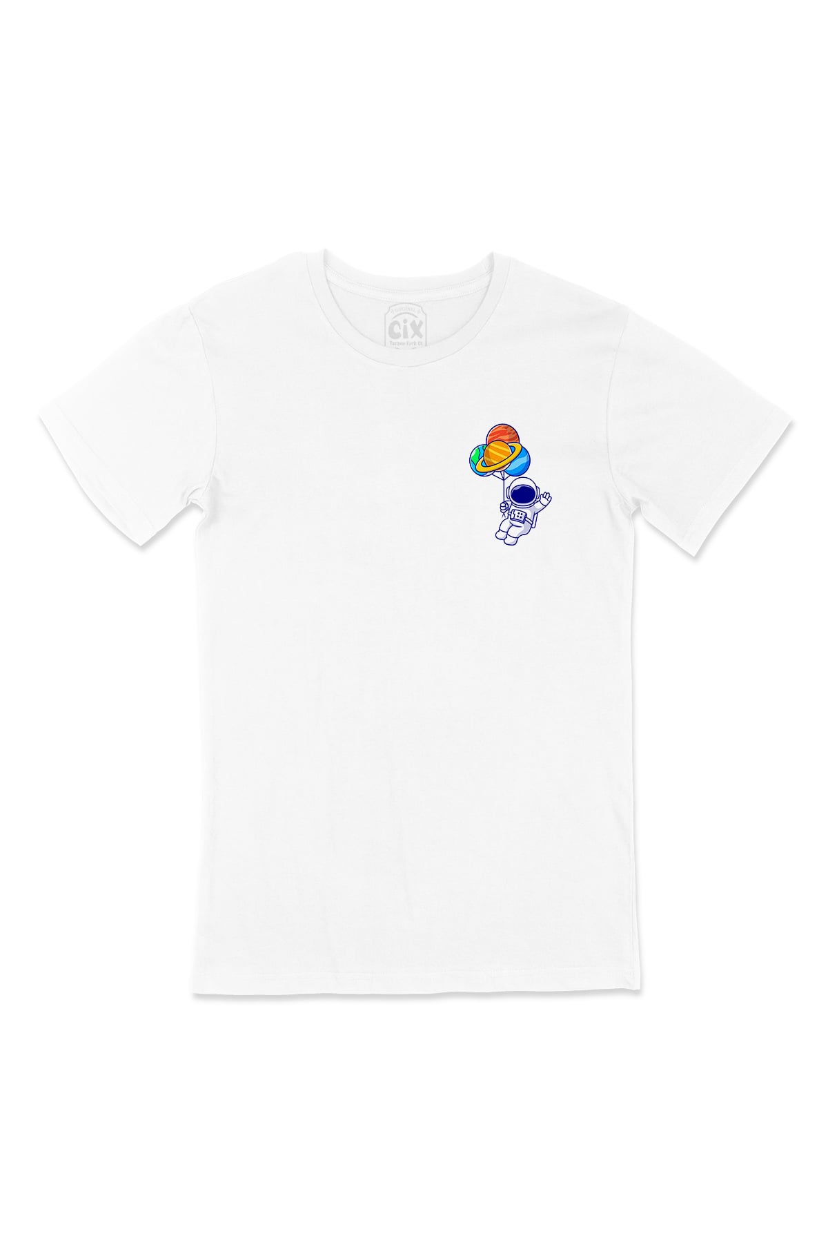 Gezegen Balonlu Astronot Cep Logo Tasarımlı Beyaz Tişört