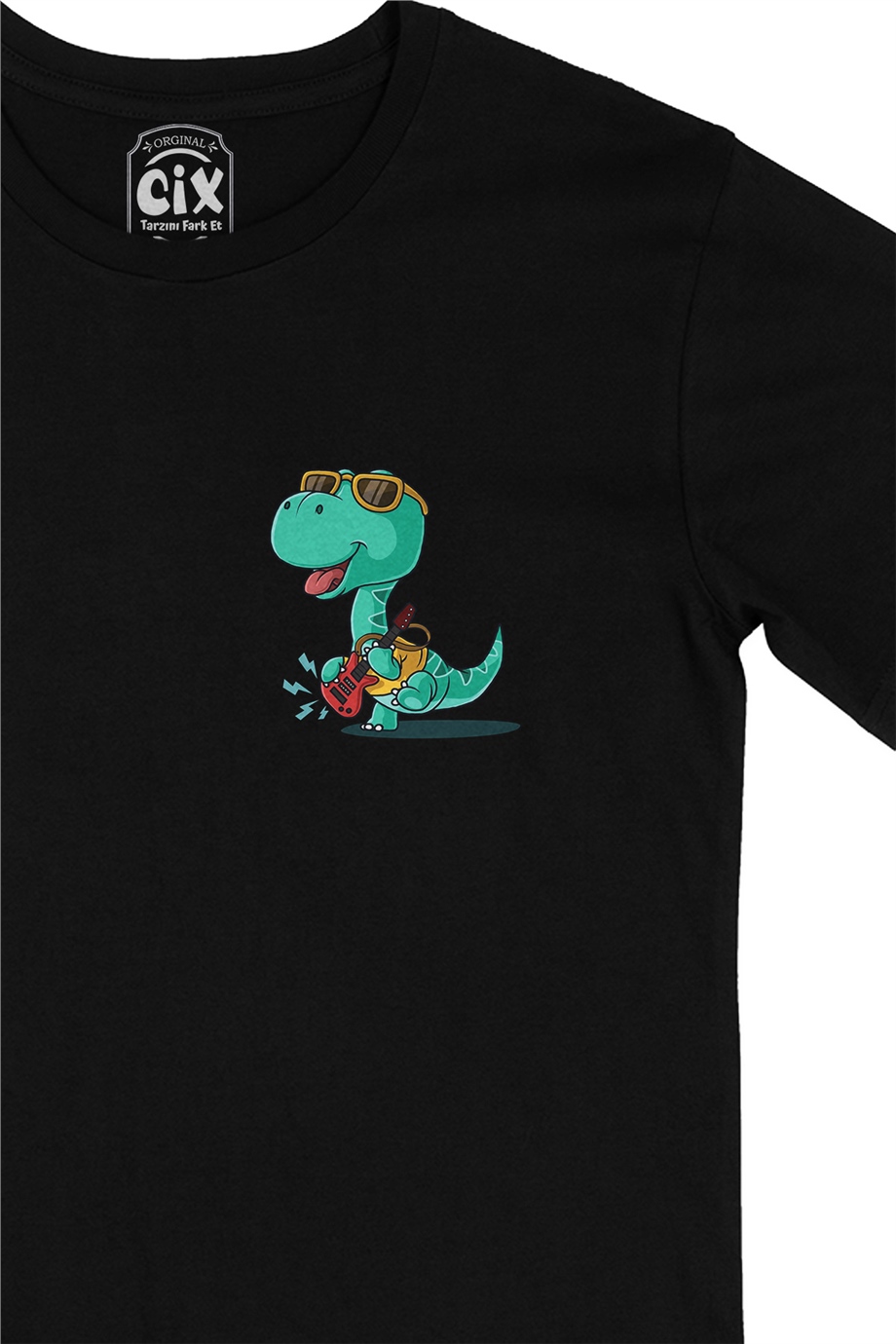Gitarlı Dinozor Cep Logo Tasarımlı Siyah Tişört