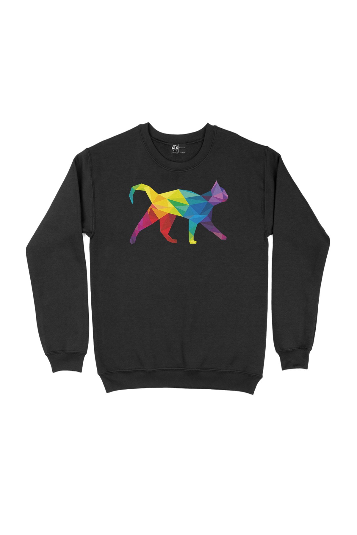 Gökkuşağı Renkli Polygon Kedi Siyah Sweatshirt