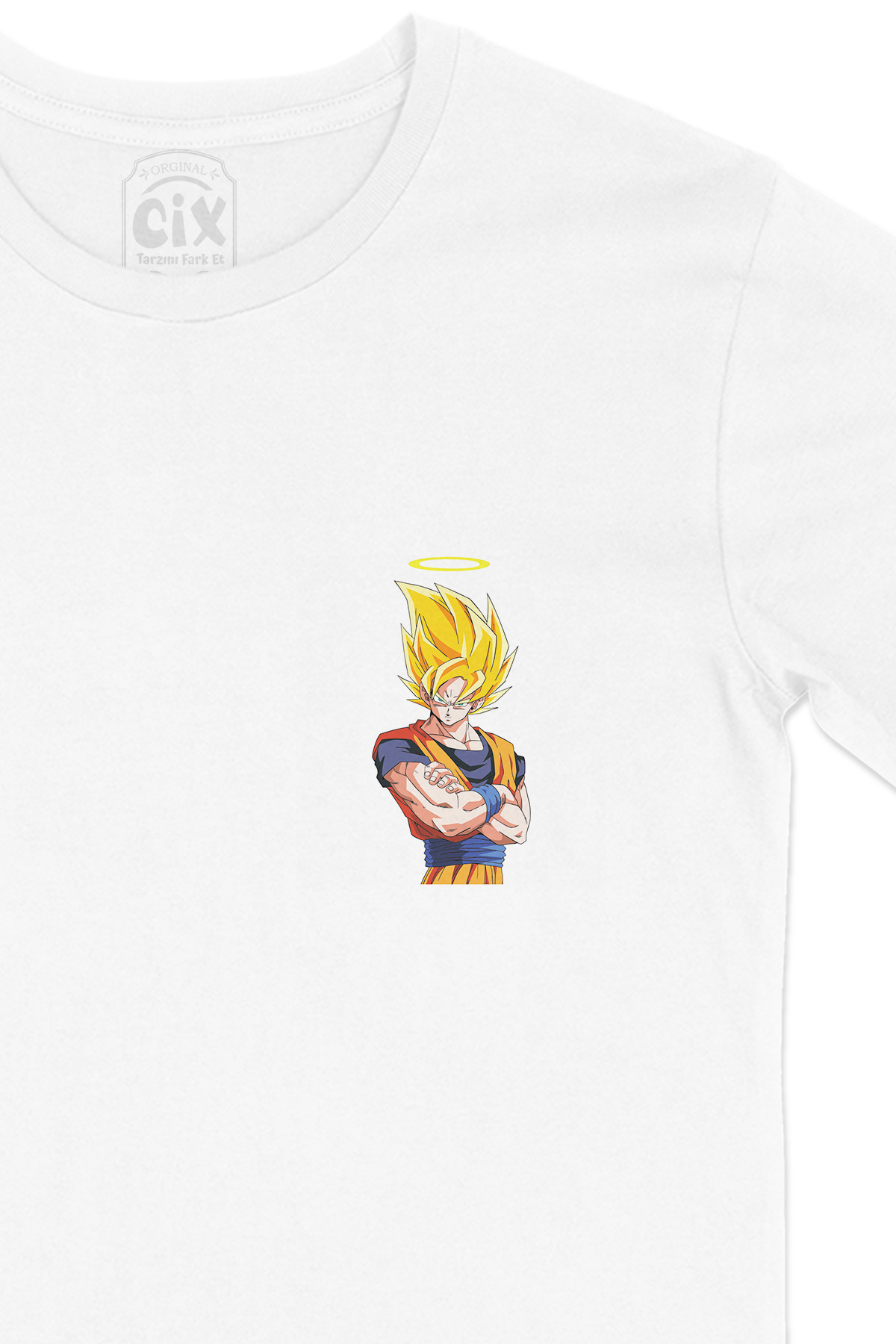 Goku Anime Cep Logo Tasarımlı Beyaz Tişört