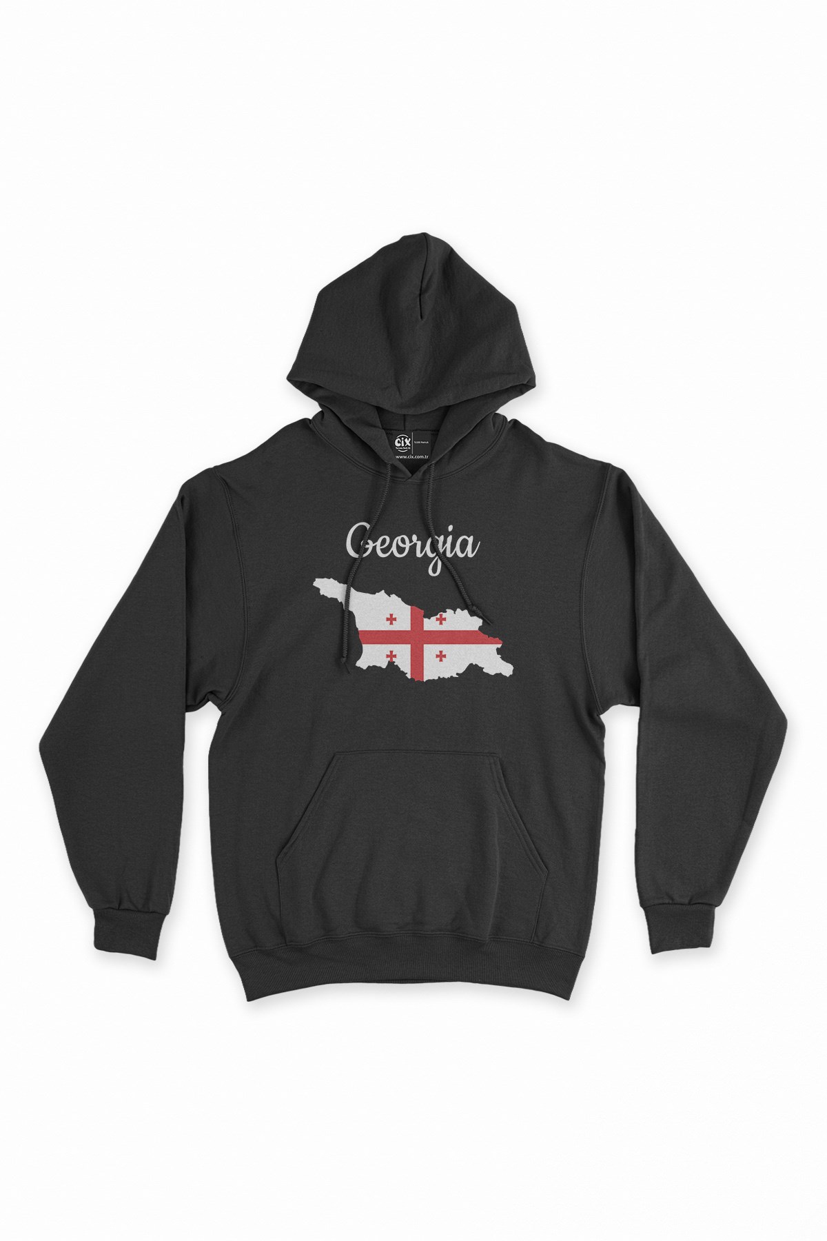 Gürcistan Haritalı ve Bayraklı Siyah Kapşonlu Sweatshirt Hoodie